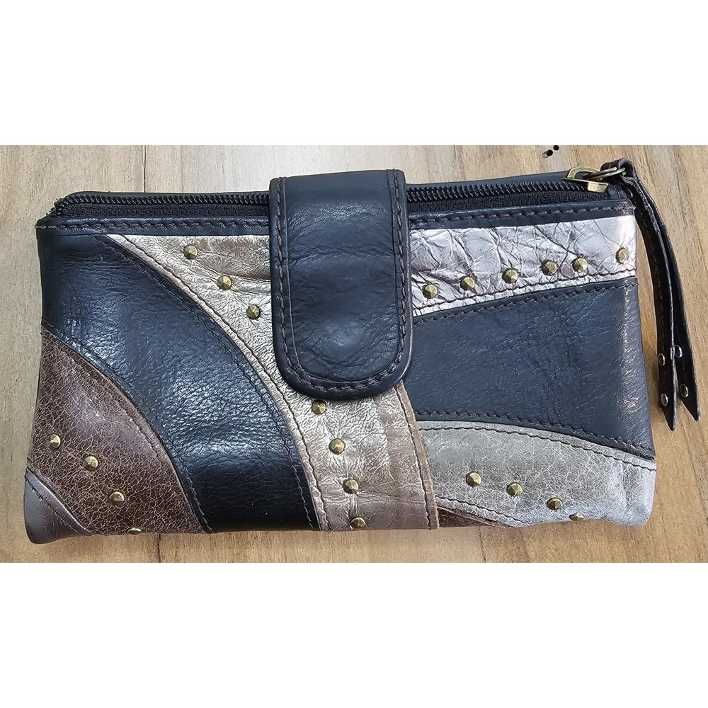 Vtg Fossil Women's‎ Wallet Black Silver Brown Pebbled Leather Studded Bifold Y2K